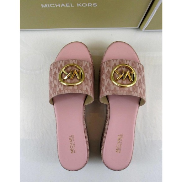 Michael Kors Sadler Platform Wedge Sandals MK Logo Fawn Light Pink - Picture 5 of 7